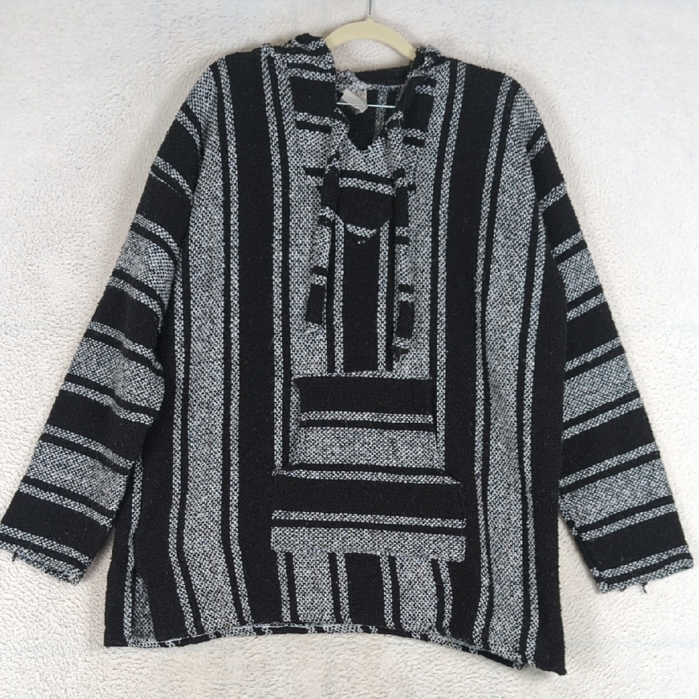 Baja Black & Gray Woven‎ Men's Mexican Hoodie Size L
